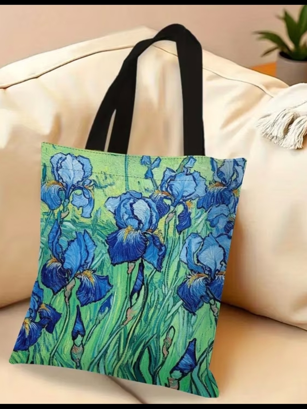 Floral Blue Iris Canvas Tote Bag with Black Handles